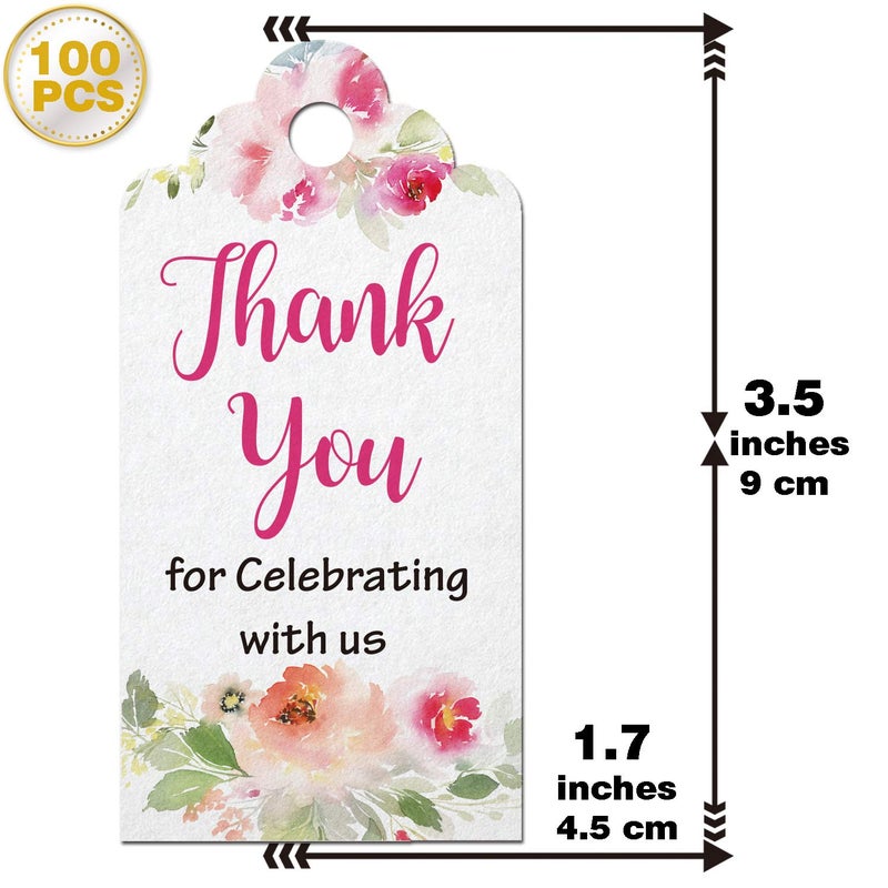 Mr.Mug Floral Thank You for Celebrating with Us Tags 100Pcs White Thank You Tags for Wedding Favor Baby Shower Party Favors, Paper Gift Tags with 100 Feet Jute String - Image 3